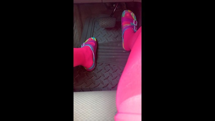 Driving in Pink Nylons and colorful shoe