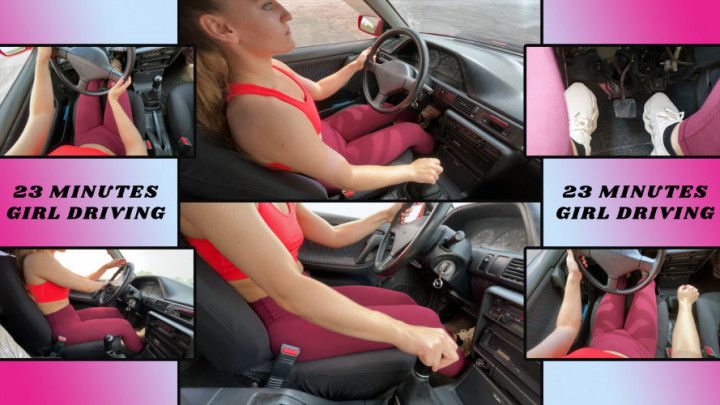 Muscular Girl in Leggings Drives Car and Pedals Pumping