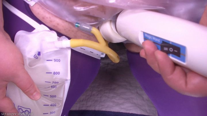 catheter, leg bag, PVC panties, and purple stockings