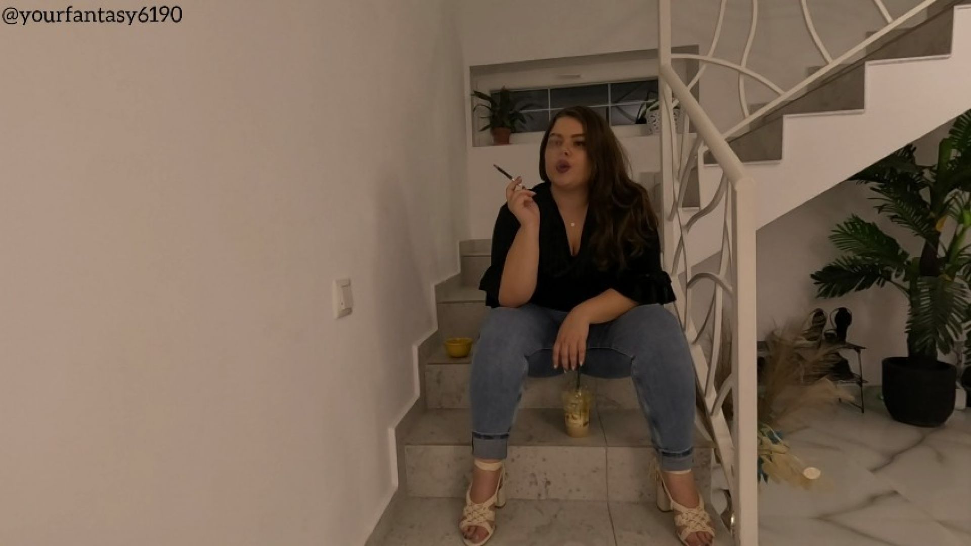 Smoking break for BBW in tight jeans and heels