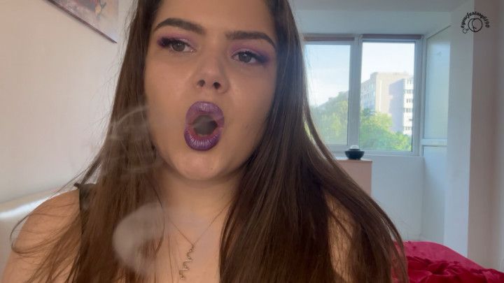 Smoking cigarettes With Purple Make-up and Lipstick