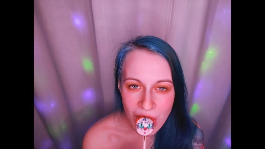 Blue haired girl sucks a pussy lolipop