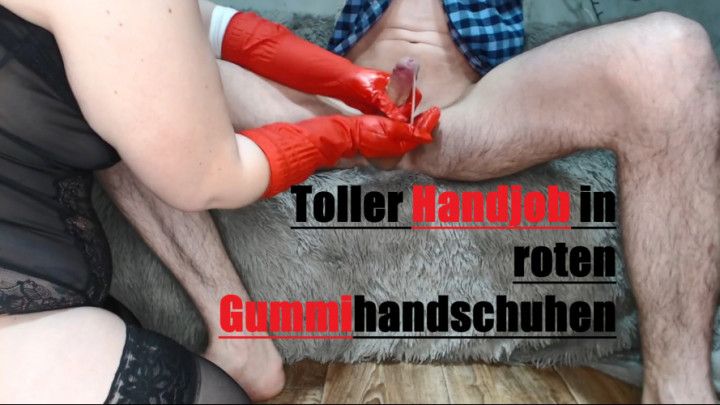 Great handjob in rubber red gloves