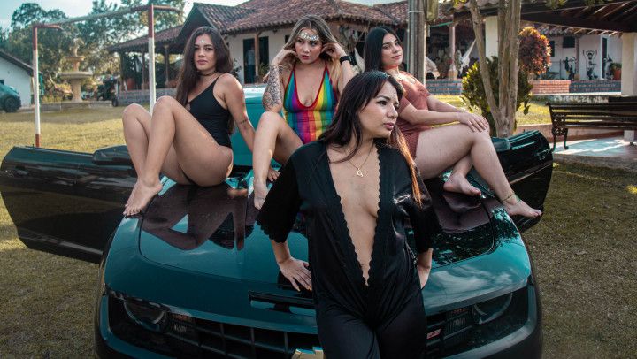 4 horny girls in a luxury car