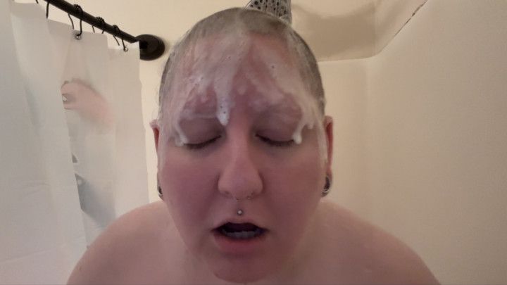 BBW Washes Bald Head and Big Tits