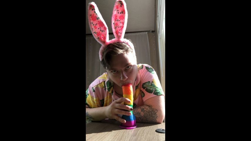 Trans bunny boy sucking a dildo