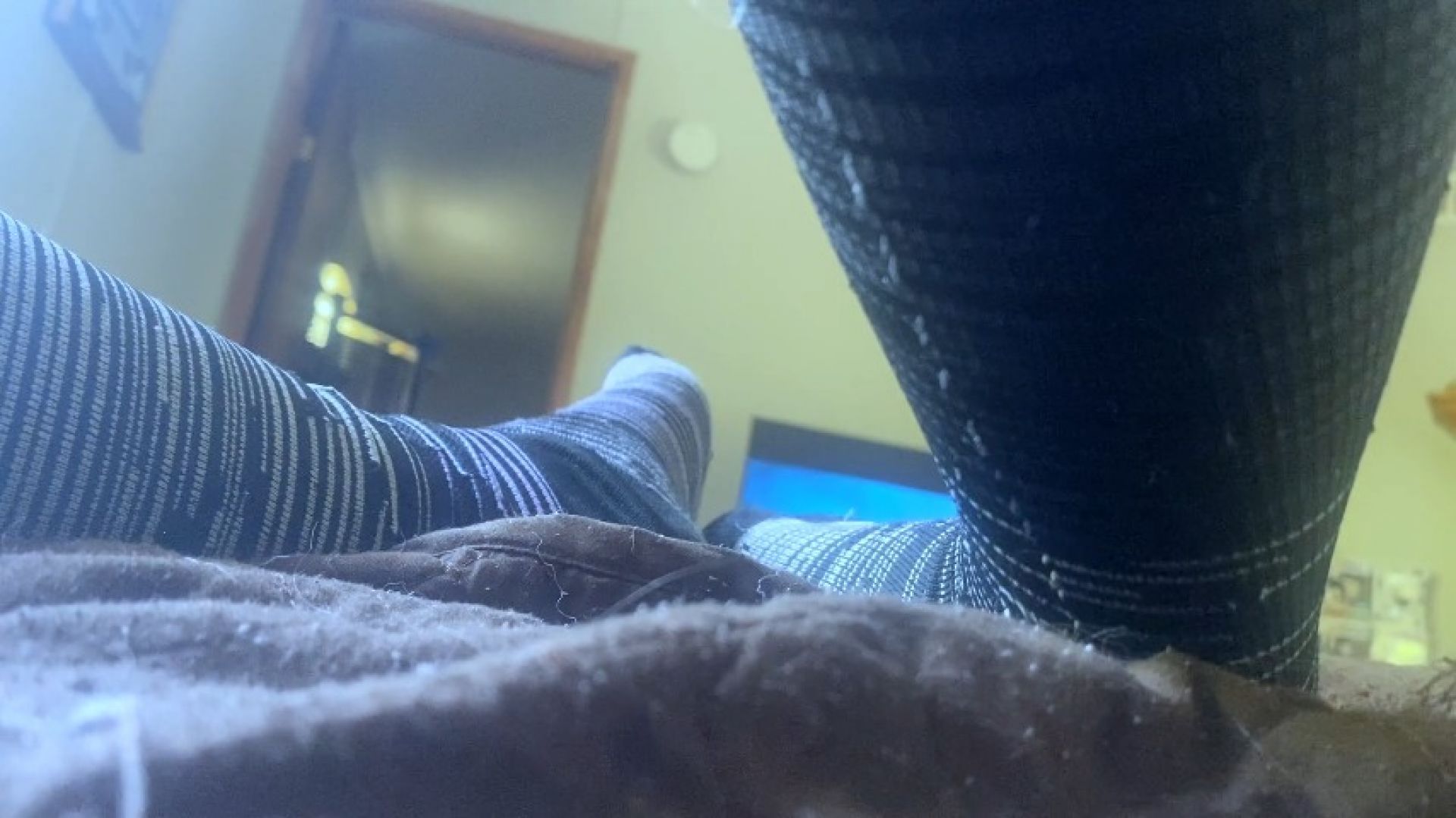 tiny human sniffing giantess socks as she watches tv pov