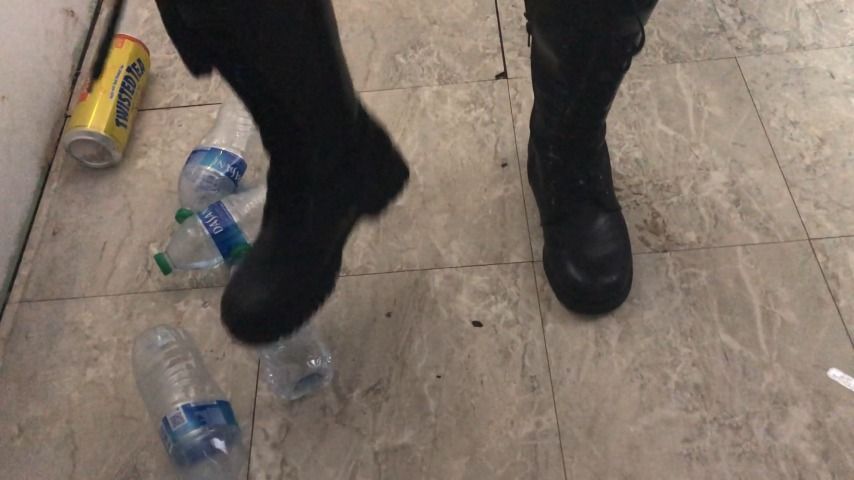 Trampling bottles in boots