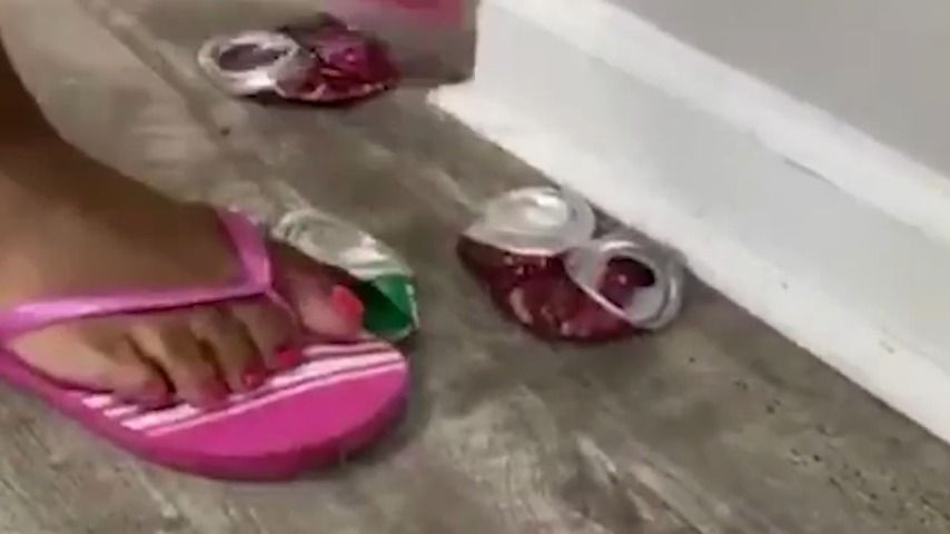 Stomping on cans in sandals