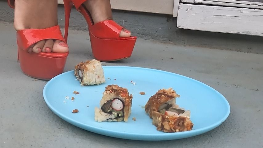 Stomping on sushi in red heels