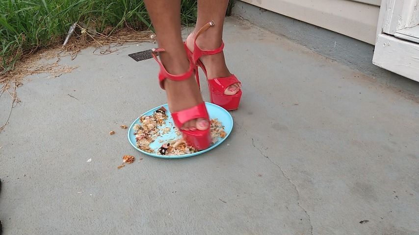 Stomping on sushi in sexy red heels