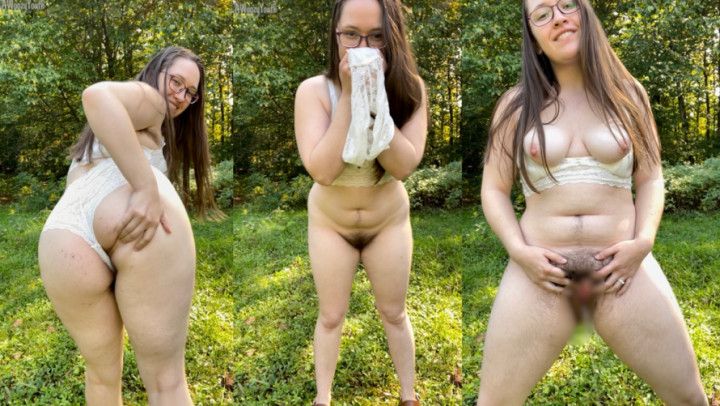 Peeing Outside; White Lace Bra and Panties