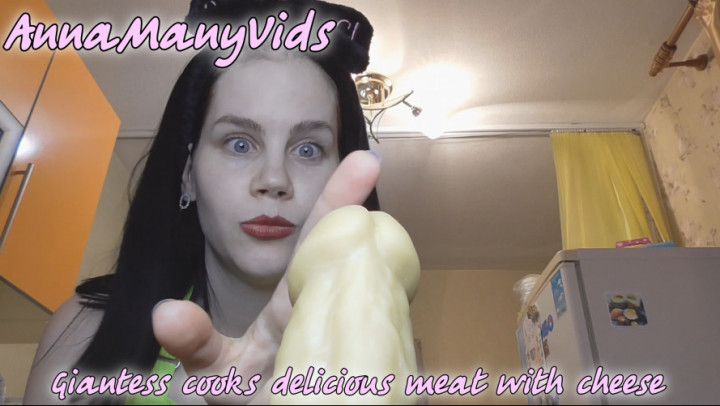 Giantess cooks delicious meat with chees