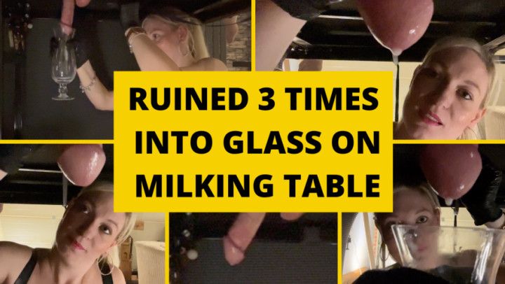 Close up ruined multiple times into a glass on milking table