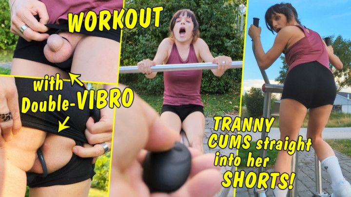 Outdoor workout with double remote! Tranny cums in shorts