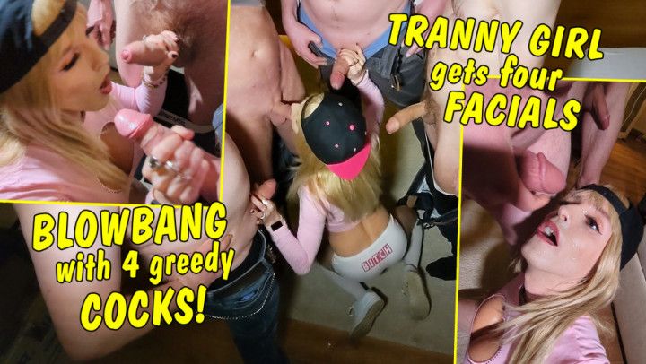 Blowbang with four cocks! Cute tranny girl gets four facials