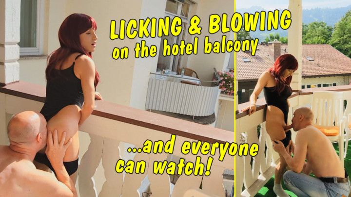 Licking &amp; blowing on the hotel balcony! Guy and Tranny Girl