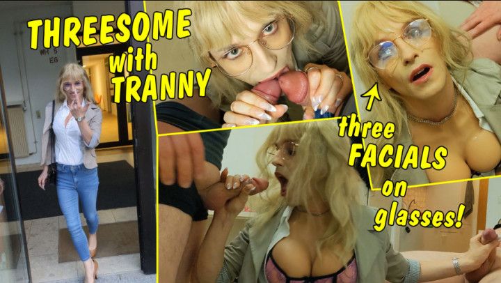 FULL CLIP!! Afterwork threesome! Tranny gets 3 facials