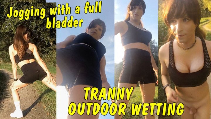 Jogging with a full bladder! Tranny wetting straight down