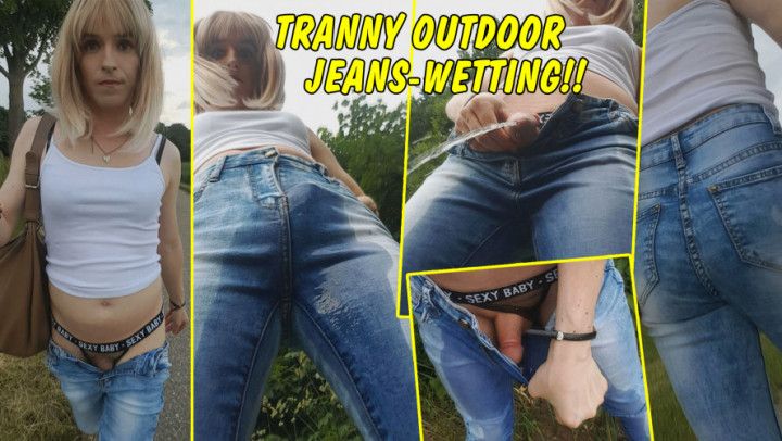 Outdoor jeans wetting! Tranny pissed in