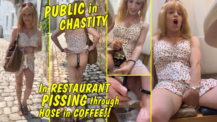 Tranny pissing public in Chastity Belt