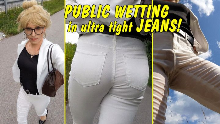 Tranny public Wetting in white jeans