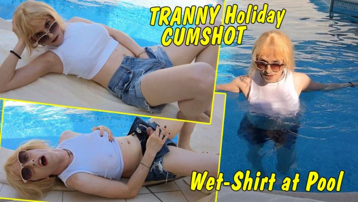 Tranny wet t-shirt cumshot at pool