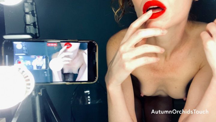 Red lipstick smearing finger fellatio