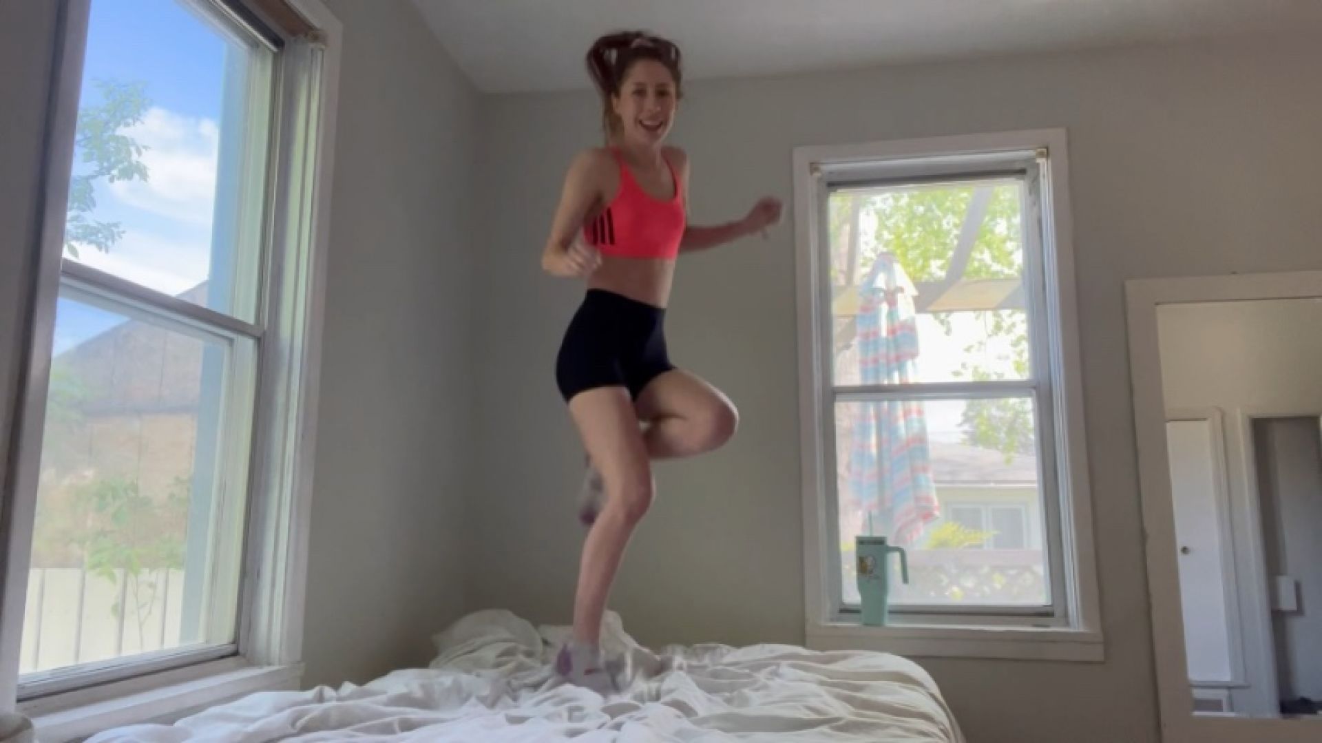 Sporty Sister Jumps on Your Bed