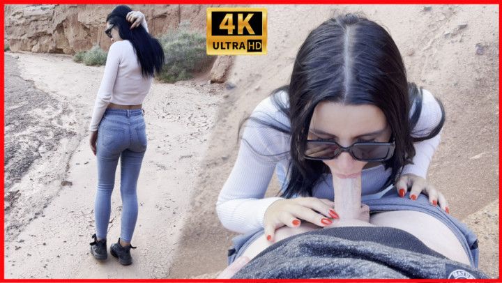 She showed her face with glasses! Deep blowjob in a canyon