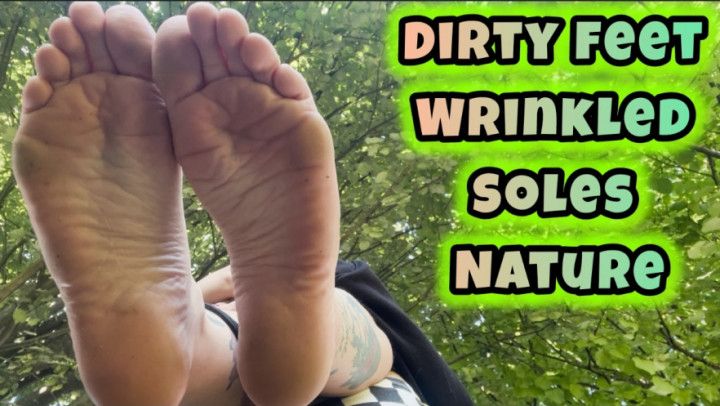 MY STINKY DIRTY FEET BAREFOOT WRINKLED SOLES ON A PARK BENCH