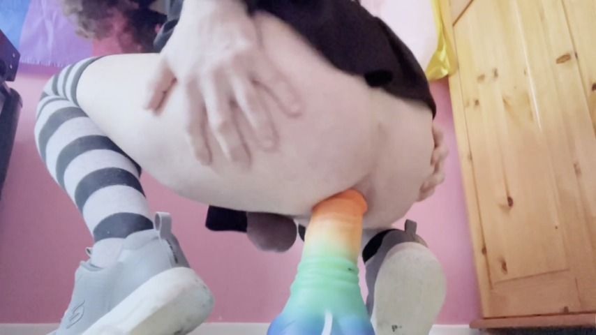 Chastity femboy riding XL toys