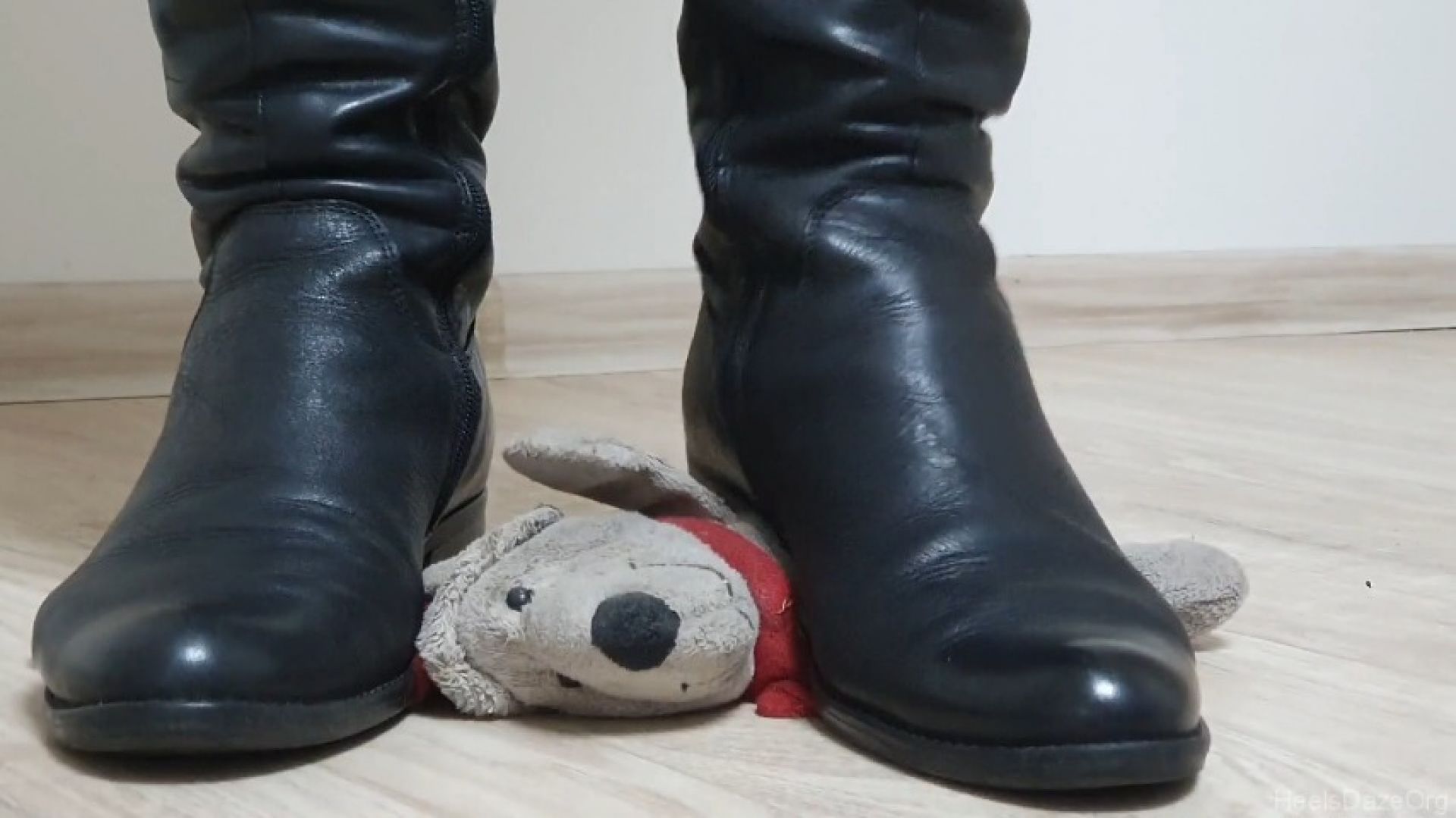 Aggressive Plushie Stomping in Flat Leather Boots