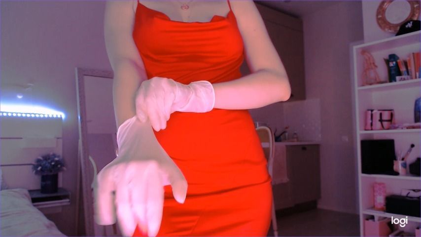 Red dress. Latex gloves. Sensual touches