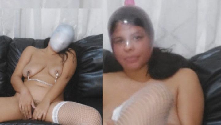 Breath play with gloves and condom