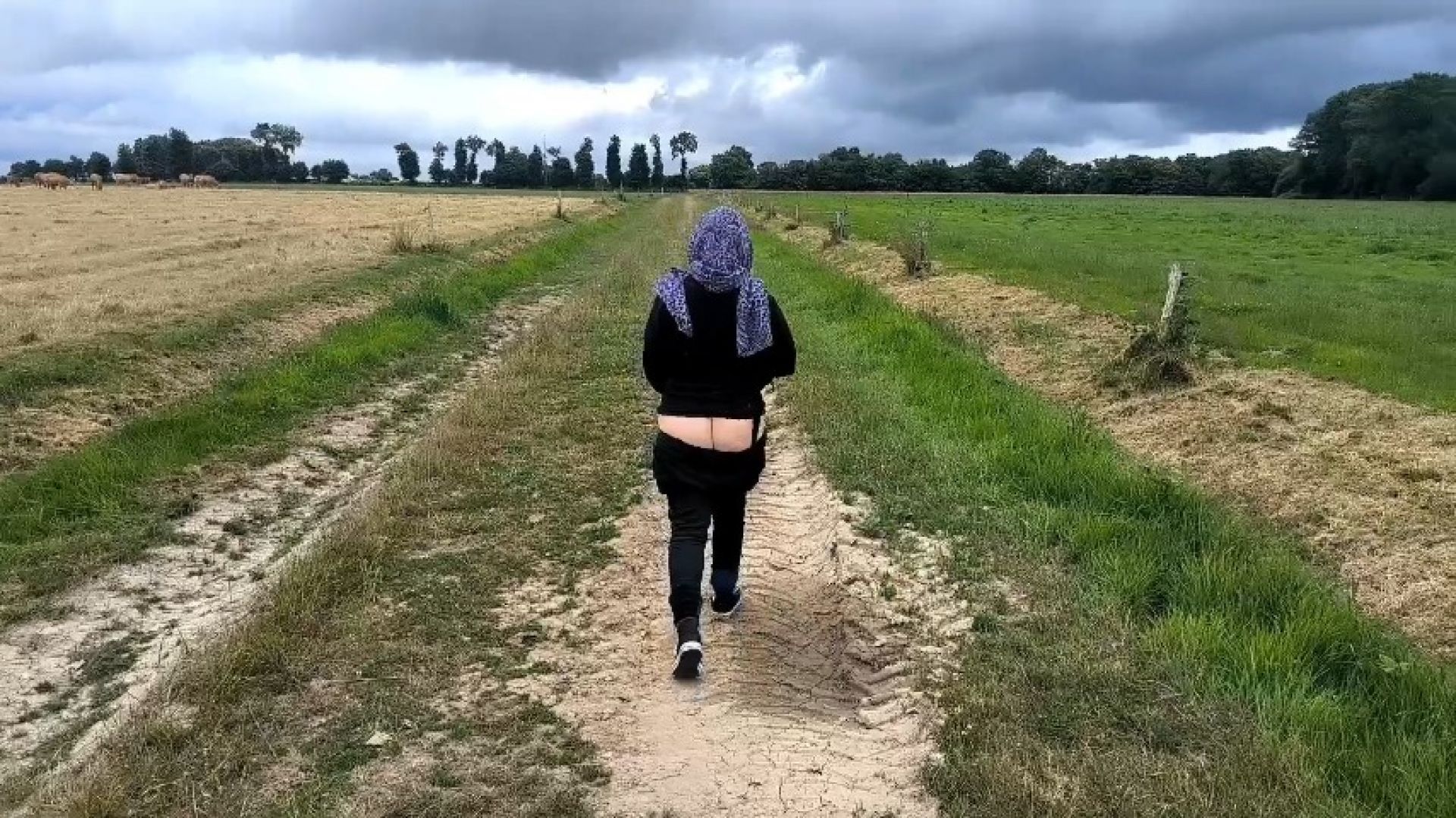 Huge buttcrack walking in the countryside