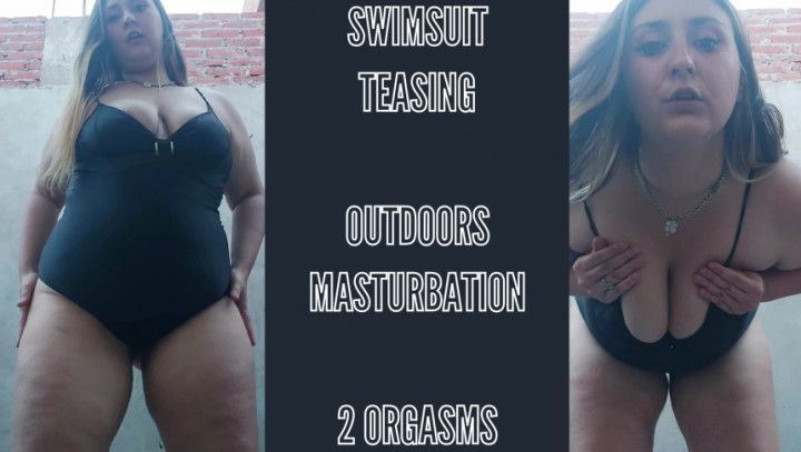 BBW swimsuit and dildo fucking outdoors