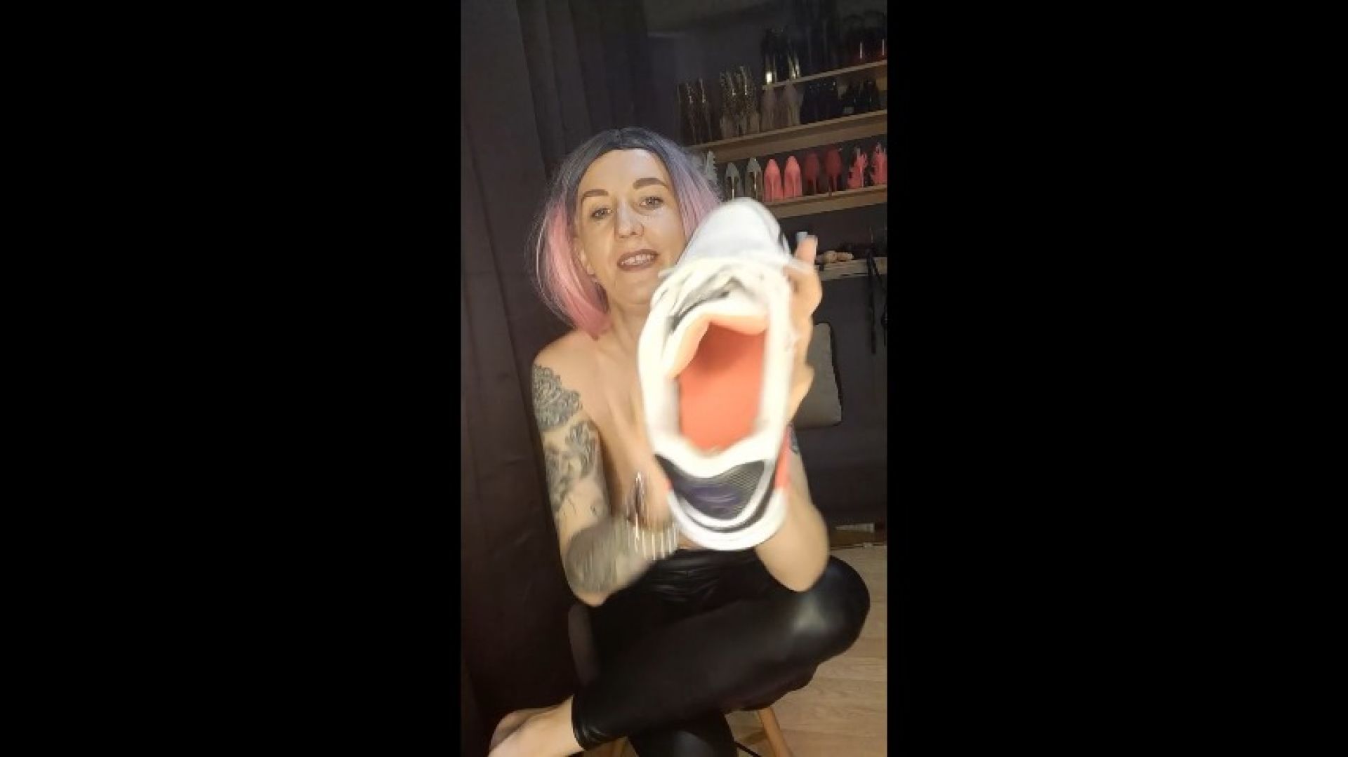 smelly sneakers POV latex leggings topless