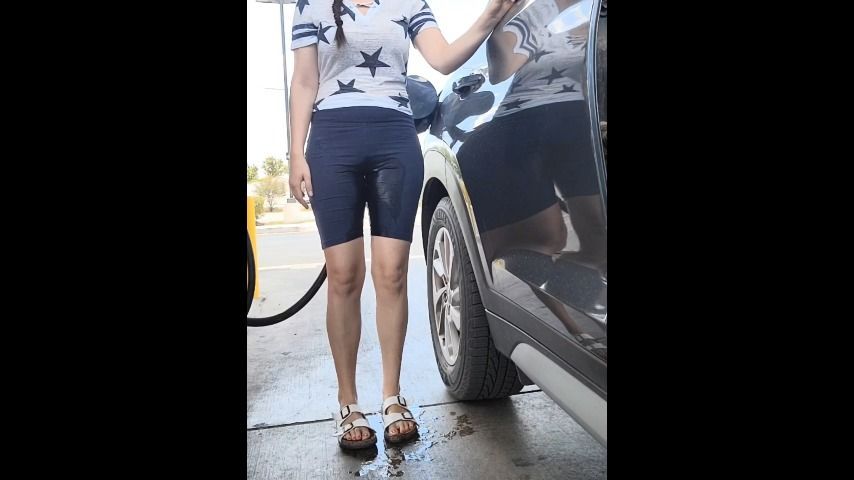 Wetting Biker Shorts at Gas Station