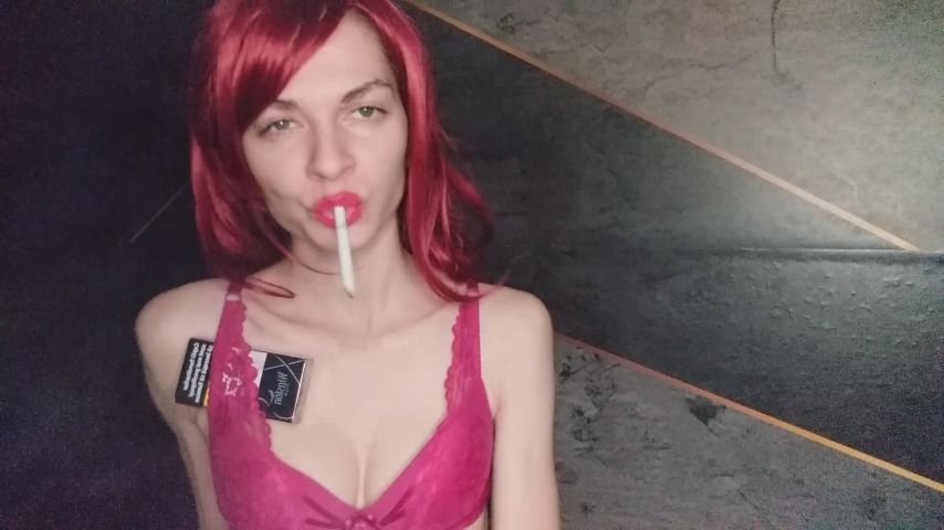 Sexy smoking white cig in Red bra