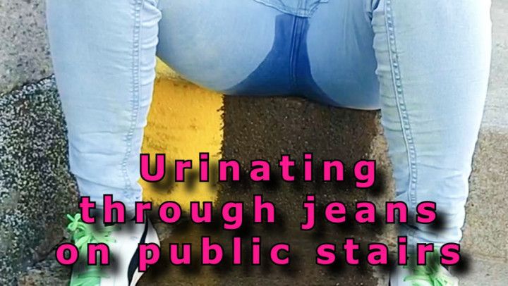 URINATING THROUGH JEANS ON PUBLIC STAIRS