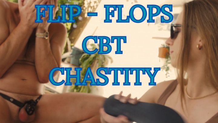 CBT in flip-flops and playing with bare feet on chastity