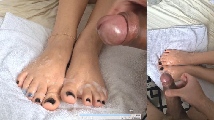 Cum on my black toes! Extra cum from 3 saved cumshots