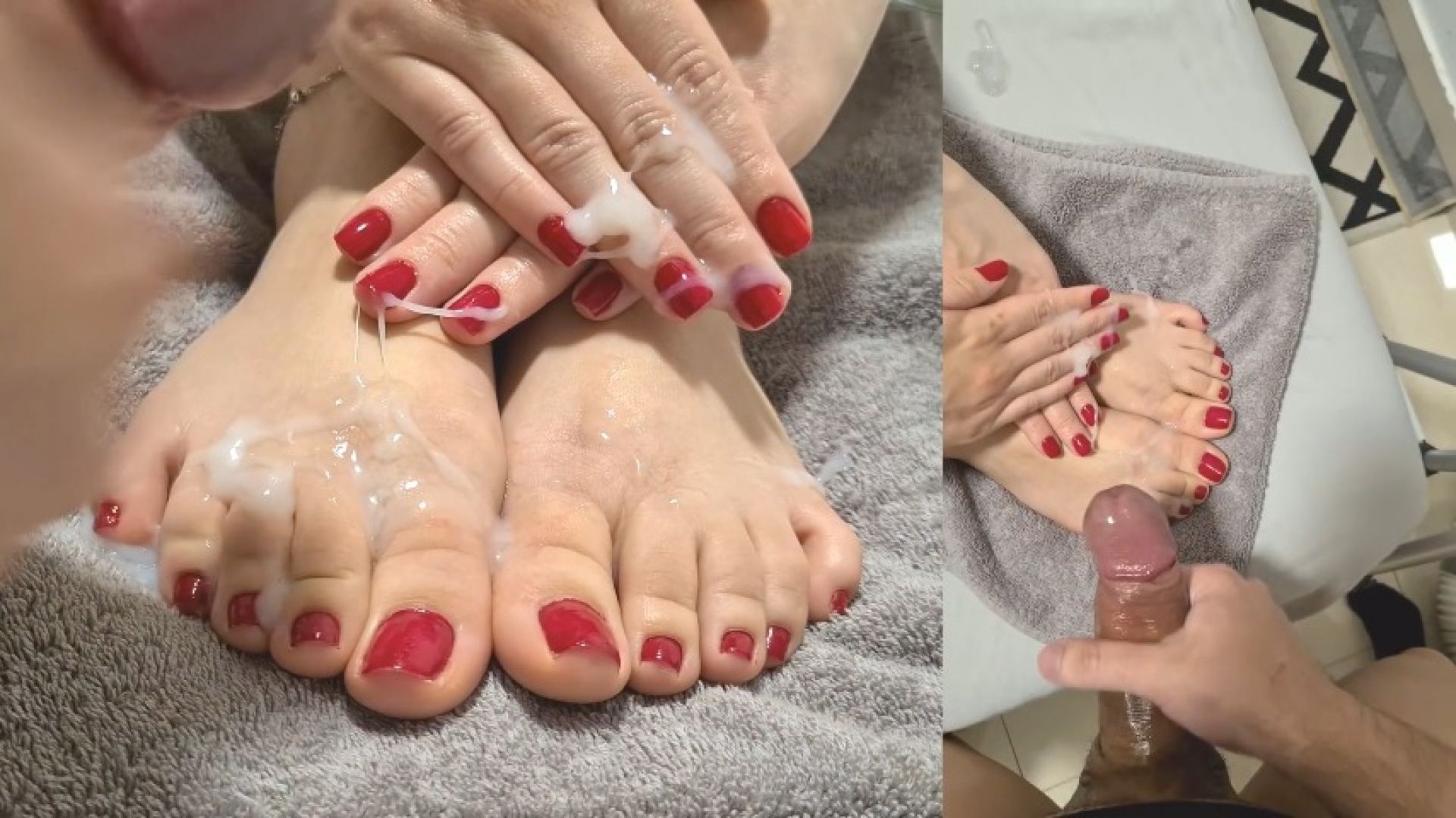 Huge cumshot over red toes