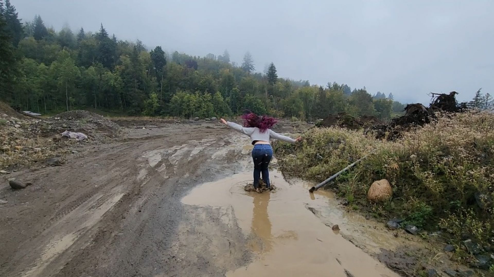 Jeans Wetting and Puddle Spalshing on a Rainy Day