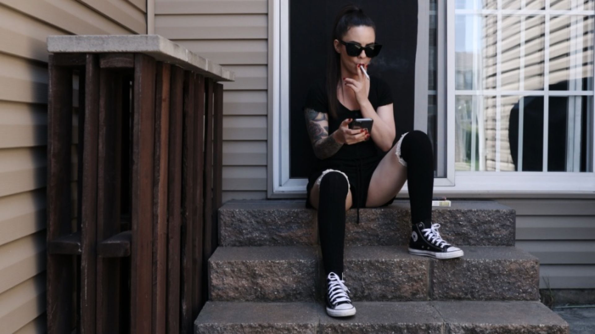 Smoking in Converse and Thigh High Socks