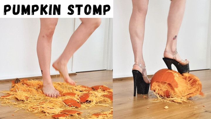 Pumpkin stomp in high heels feet crush stomp