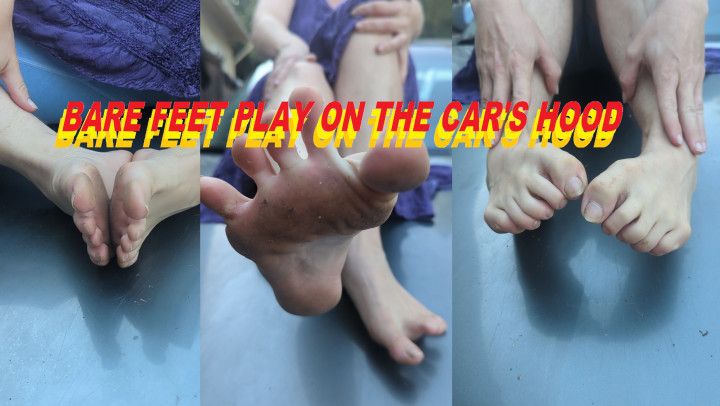 4K Bare feet play pm the hood of the car