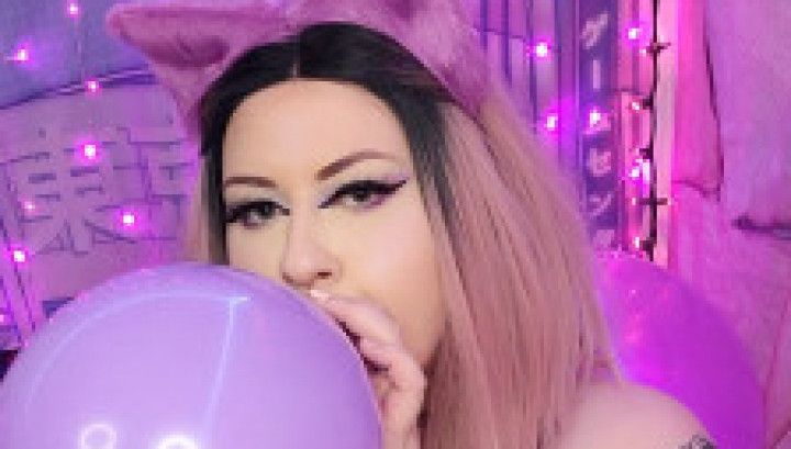 BBW blows purple balloons