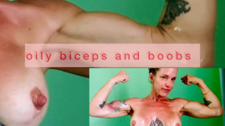 Oiling and flexing biceps and boobs